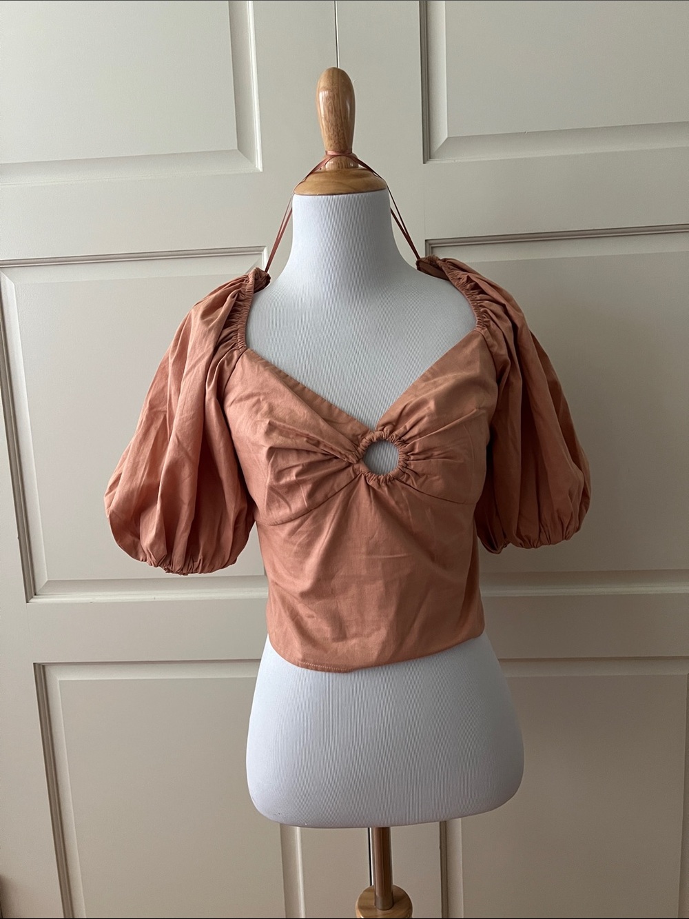 ABERCROMBIE & Fitch Blush Drama Puff Sleeve Poplin Top with O-Ring Small NWT - Picture 3 of 16